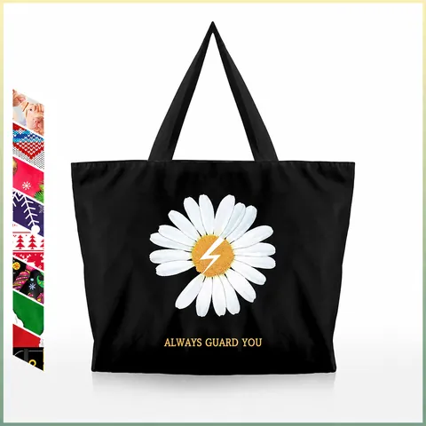 Sac Fourre-tout en Toile pour Femme Imprimé Marguerite et Éclair Grande Capacité Sac à Épaule Noël Chien Ciel Étoilé
