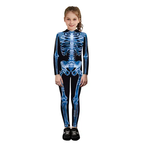 Kids Halloween Skeleton Jumpsuit Digital Print Muscle Anatomy Costume Jumpsuit Long Sleeve Skinny Bodysuit For Carnival Party Performance