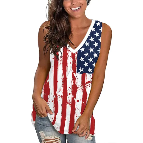 Damen Übergröße V Ausschnitt Tank Top Ärmellos Amerikanische Flagge Druck Distressed Splatter Patriotische Casual Sommer Weste