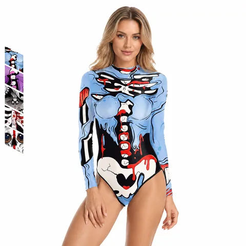 Women Halloween Skull Skeleton 3D Digital Print Long Sleeve One Piece Swimsuit Slim Fit Stand Collar Body Suit For Party Cosplay