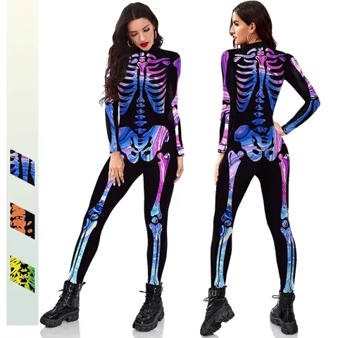 Mono de Esqueleto de Halloween para Mujer Impresión Digital 3D Colorida Manga Larga Cuello Alto Slim Fit Carnaval Cosplay Bodysuit