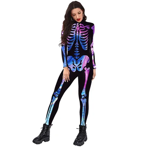 Mono de Esqueleto de Halloween para Mujer Impresión Digital 3D Colorida Manga Larga Cuello Alto Slim Fit Carnaval Cosplay Bodysuit