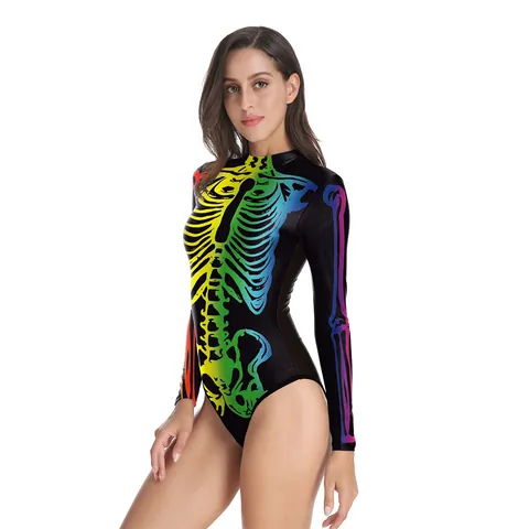 Women Halloween Skeleton Print Long Sleeve One Piece Swimsuit Stand Collar Back Zipper Bone Bodysuit Slim Fit Surfing Suit