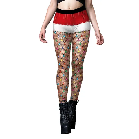 Women Christmas Sexy Printed Leggings Red Faux Fur Shorts And Black Fishnet Stockings Holiday Party Roleplay Tight Pants
