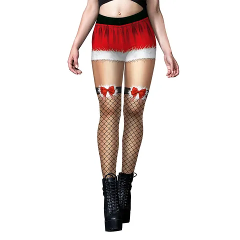 Women Christmas Sexy Printed Leggings Red Faux Fur Shorts And Black Fishnet Stockings Holiday Party Roleplay Tight Pants