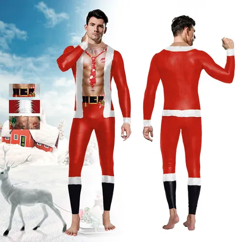 Unisex Christmas 3D Muscle Print Bodysuit Santa Claus Jumpsuit Cosplay Costume Party Tight Unitard Performance Suit
