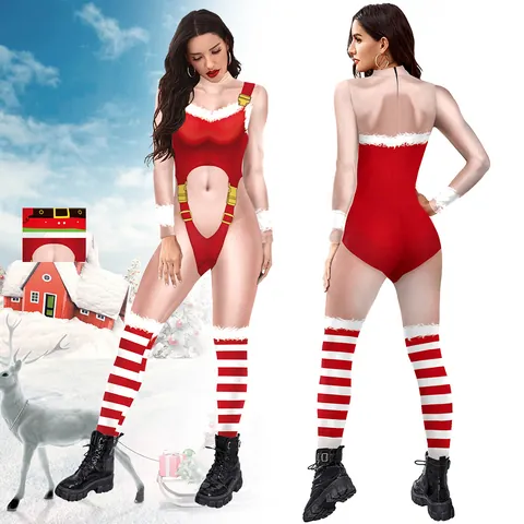 Women Sexy Christmas Carnival Jumpsuit Roleplay Performance Costume Striped Mesh Faux Fur Trim Bodysuit With Stockings