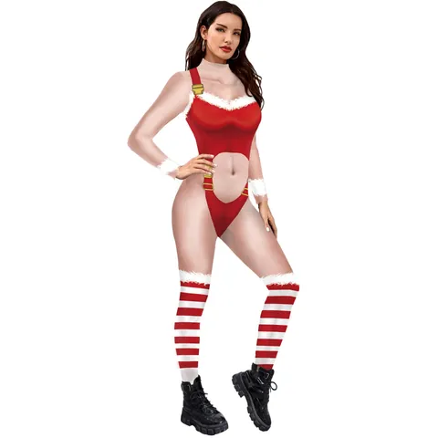 Women Sexy Christmas Carnival Jumpsuit Roleplay Performance Costume Striped Mesh Faux Fur Trim Bodysuit With Stockings