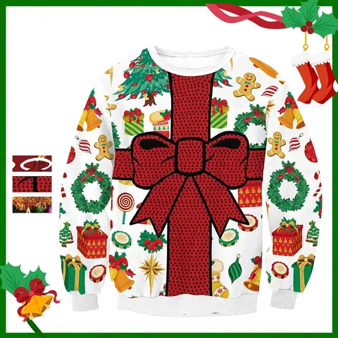 Sweat-shirt de Noël pour Femmes avec Impression Numérique Col Rond Manches Longues Pull Top de Fête avec Motif Nœud et Bonhomme de Pain d'Épices