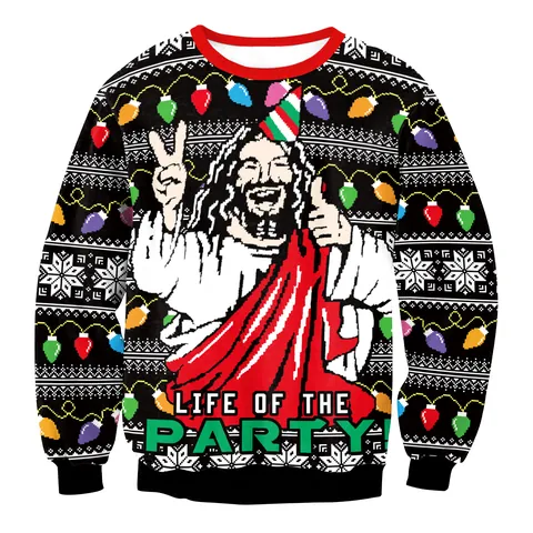 Unisex Kerst Sweatshirt met Ronde Hals Digitale Print Jezus Rendier Patroon Lange Mouwen Ugly Christmas Sweater