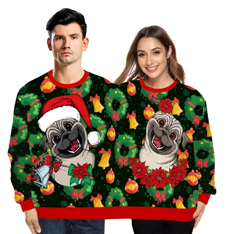 Lustiger Pärchen Ugly Christmas Sweater Für Personen 3D Gedruckt Holiday Mops Rentier Rundhals Langarm Neuheit Sweatshirt Top