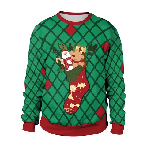 Sweatshirt de Noël Argyle pour Femmes Manches Longues Col Rond Impression Numérique Pullover Père Noël Renne Chaussettes Motif Xmas Fête Casual Top