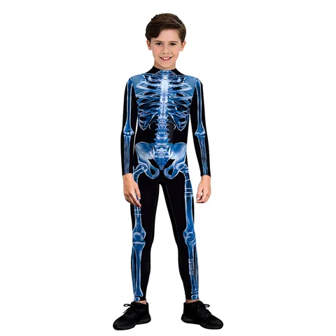 Polyester Kinder Halloween Skelett Gedruckt Langarm Jumpsuit Europäischer Amerikanischer Stil Kinder Auftrittskostüm