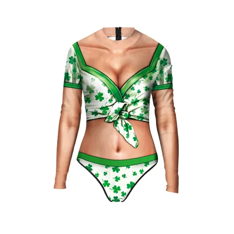 St Patricks Day Women Long Sleeve Monokini Shamrock 3D Print Bodysuit Slim Fit Bathing Suit Sun Protection Beachwear