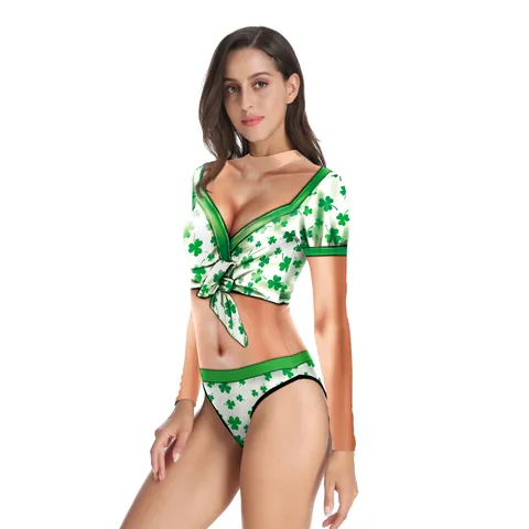 St Patricks Day Women Long Sleeve Monokini Shamrock 3D Print Bodysuit Slim Fit Bathing Suit Sun Protection Beachwear