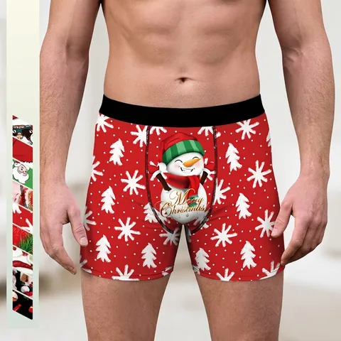 Herren Weihnachten Boxershorts Polyester Mischung Urlaub Unterwäsche Schneemann Weihnachtsmann Atmungsaktiv Mittlere Taille Festlich