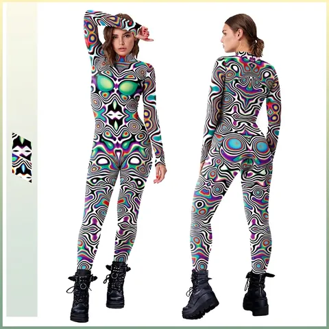 Dames Psychedelische Digitale Print Bodysuit Melkzijde Lange Mouw Staande Kraag Unitard Voor Podiumoptreden Cosplay Feest Jumpsuit