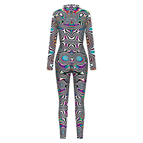 Dames Psychedelische Digitale Print Bodysuit Melkzijde Lange Mouw Staande Kraag Unitard Voor Podiumoptreden Cosplay Feest Jumpsuit