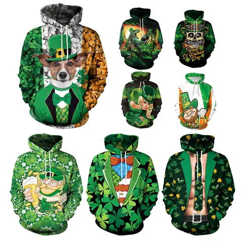 Women's St. Patrick's Day 3D Printed Hoodie Shamrock Leprechaun Graphic Sweatshirt Long Sleeve Hooded Pullover Top Pocket