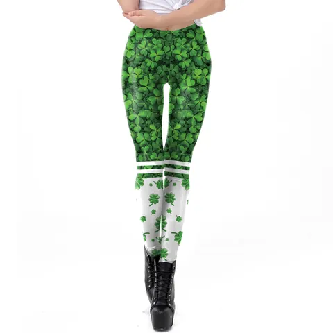 Women's St Patricks Day Leggings High Waist Slim Fit Shamrock Print Green White Festive Party Tight Yoga Pants