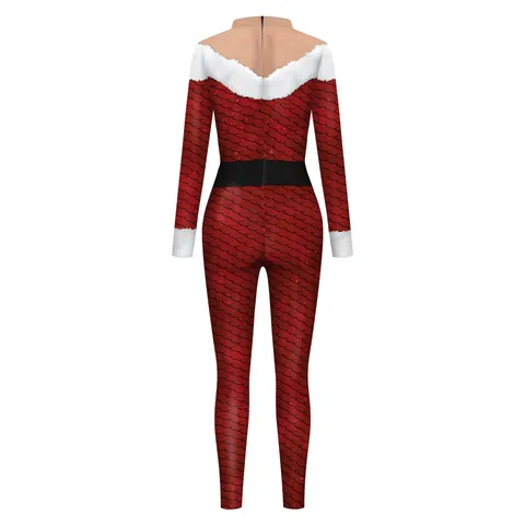 Tuta Intera Sexy Slim da Donna per Natale Stampa a Scaglie di Drago Rosso Bordo in Pelliccia Sintetica Bianca Manica Lunga Abbigliamento per Feste