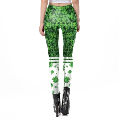Women's St Patricks Day Leggings High Waist Slim Fit Shamrock Print Green White Festive Party Tight Yoga Pants
