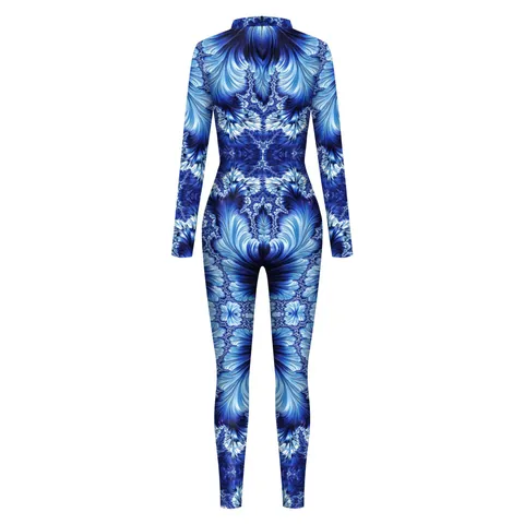 Women's Digital Print High Neck Long Sleeve Jumpsuit Skinny Bodysuit Performance Cosplay Costume Unitard Fractal Pattern