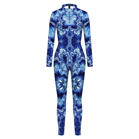 Women's Digital Print High Neck Long Sleeve Jumpsuit Skinny Bodysuit Performance Cosplay Costume Unitard Fractal Pattern