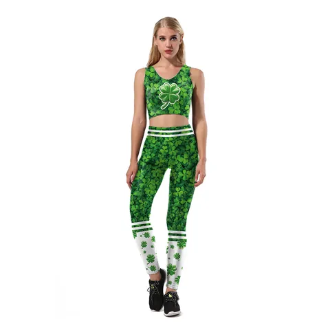 Women St Patrick's Day Shamrock Printed Yoga Fitness Sportswear Activewear Apparel Top And Bottom Festive Green Pattern Outfit