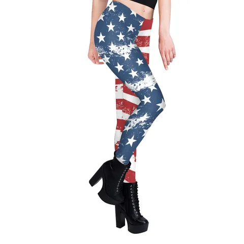 Women's American Flag Printed Leggings Distressed Stars and Stripes Yoga Pants Independence Day Slim Fit Stretch Trousers