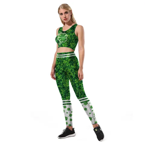 Women St Patrick's Day Shamrock Printed Yoga Fitness Sportswear Activewear Apparel Top And Bottom Festive Green Pattern Outfit