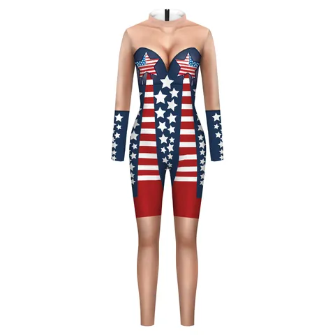 Damen Unabhängigkeitstag Jumpsuit 3D Digitaldruck Amerikanische Flagge Sterne Streifen Langarm Stehkragen Polyester Spandex Bodysuit