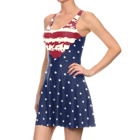 Women's Sleeveless American Flag Print Dress Summer Round Neck A-Line Tank Dress Stars And Stripes Independence Day Apparel