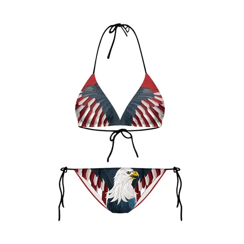Women Sexy American Flag Eagle Print Halter Triangle Top Side Tie Bottom Patriotic Beachwear Swimsuit Swimwear Summer