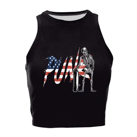 Women Sexy Punk Skull US Flag Print Sleeveless Crop Top Slim Fit Round Neck Streetwear Tank Top For Independence Day