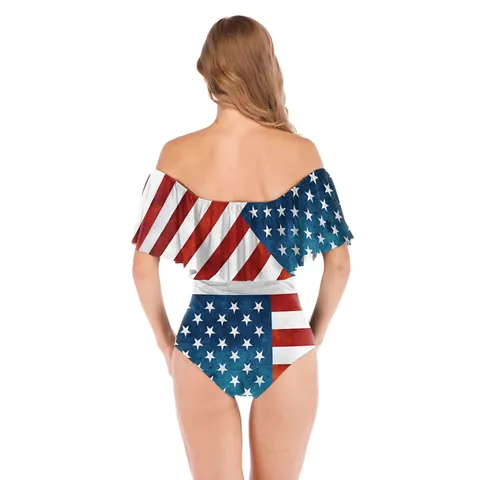 Women One-Piece Swimsuit Off Shoulder Ruffle American Flag Stars And Stripes Print Independence Day Beach Bathing Suit