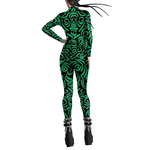 Women Long Sleeve Slim Fit Jumpsuit Cyberpunk Digital Print Bodysuit Tribal Swirl Pattern Standing Collar Stretch Unitard