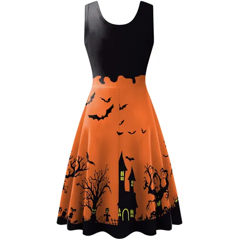 Vestido sin Mangas en Línea A de Halloween para Mujer Impresión Digital Patrón Murciélago Esqueleto Castillo Ropa de Fiesta