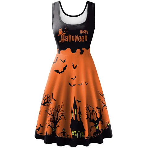 Vestido sin Mangas en Línea A de Halloween para Mujer Impresión Digital Patrón Murciélago Esqueleto Castillo Ropa de Fiesta