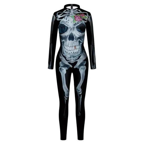 Women Halloween Skeleton Rose Print Jumpsuit Long Sleeve Stand Collar Slim Fit Bodysuit Costume For Carnival Party Performance
