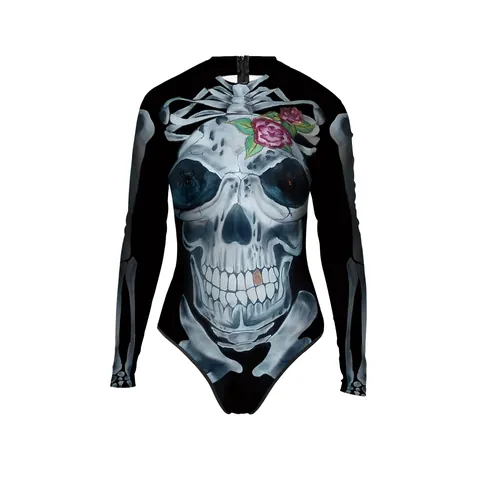 Costume da Bagno Intero a Maniche Lunghe da Donna Halloween Teschio Rosa Stampato Body Gothic Collo Alto Slim Fit Abbigliamento Mare