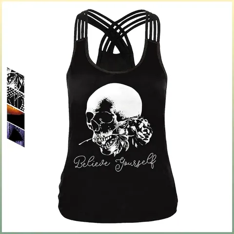 Women Sexy Halloween Skeleton Pumpkin Print Tank Top Crisscross Back Hollow Out Sleeveless Gothic Streetwear Cami