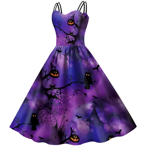 Abito Midi da Donna Senza Maniche con Spalline Sottili a Trapezio per Halloween Con Stampa Digitale Zucca Pipistrello Ragnatela