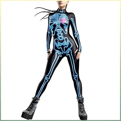 Body da Donna Halloween Scheletro Stampa 3D Digitale Cuore Neon Tuta Aderente Manica Lunga Costume Cosplay Festa Clubwear