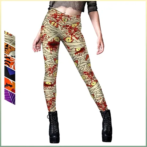 Damen Halloween Print Leggings Hohe Taille Mumienbandage Kürbis Fledermaus Gothic Skinny Yoga Hose Holiday Party Hose