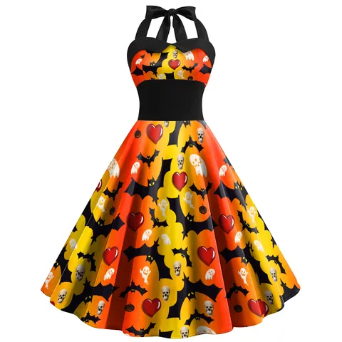 Women's Vintage Halloween Halter Dress Retro High Waist A-Line Swing Party Dress With Skull Pumpkin Spider Web Print