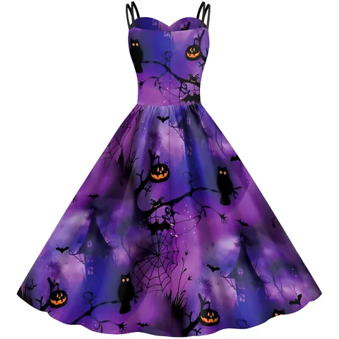 Abito Midi da Donna Senza Maniche con Spalline Sottili a Trapezio per Halloween Con Stampa Digitale Zucca Pipistrello Ragnatela