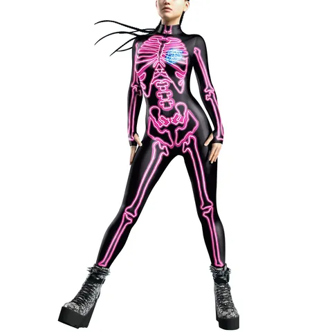 Body da Donna Halloween Scheletro Stampa 3D Digitale Cuore Neon Tuta Aderente Manica Lunga Costume Cosplay Festa Clubwear