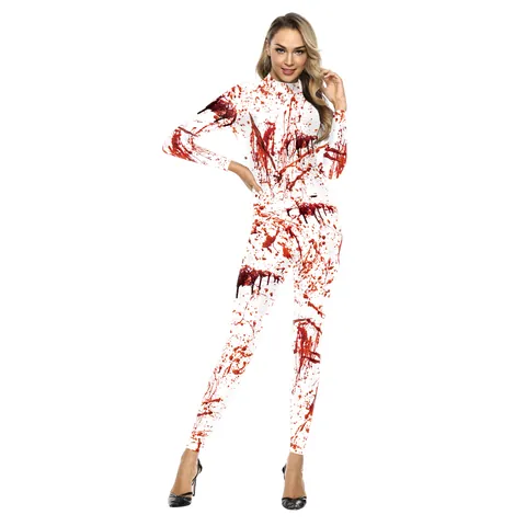 Damen Halloween Cosplay Kostüm Digitaldruck Langarm Stehkragen Schmale Passform Jumpsuit Gruseliges Skelett Blutiger Body