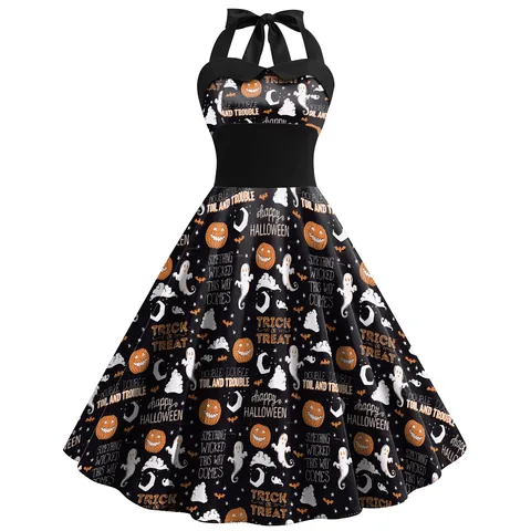 Women's Vintage Halloween Halter Dress Retro High Waist A-Line Swing Party Dress With Skull Pumpkin Spider Web Print